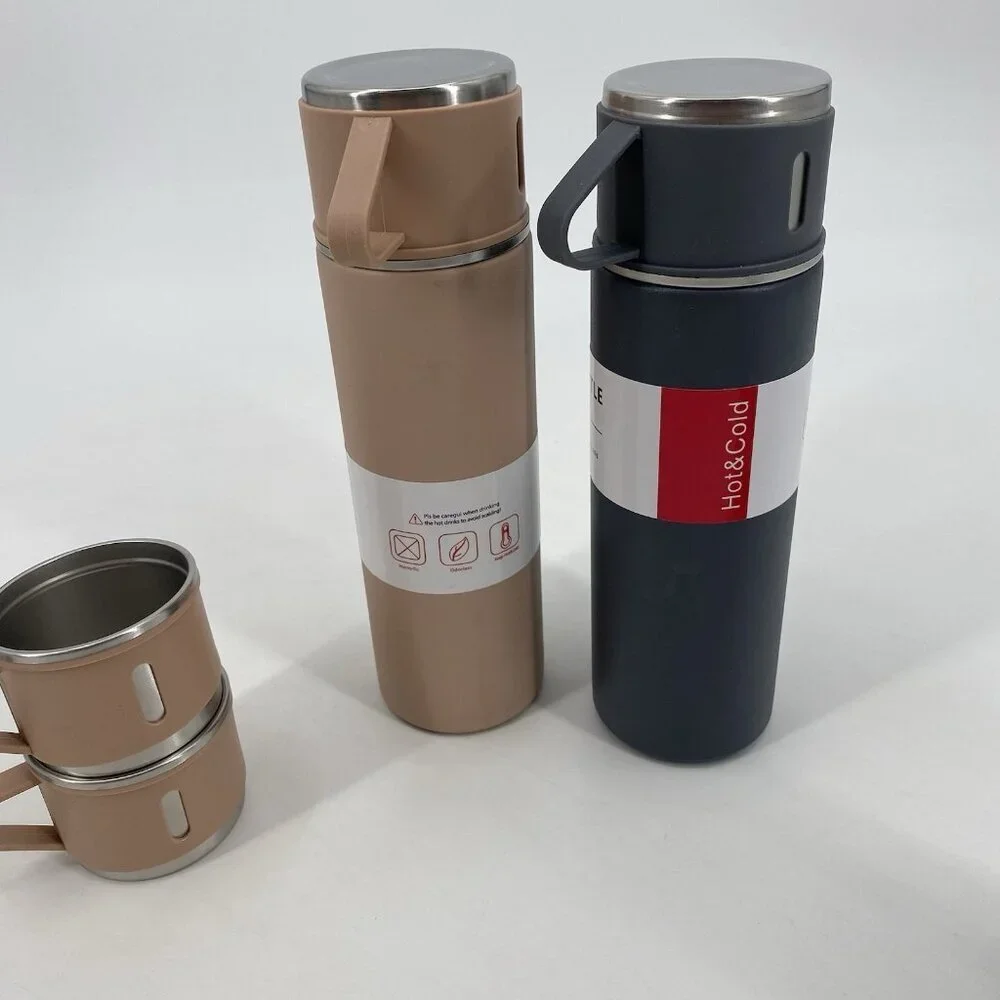 Vacuum Flask (2 Qty) Gift Set 500ML With 4 Extra Cups Pink And Black